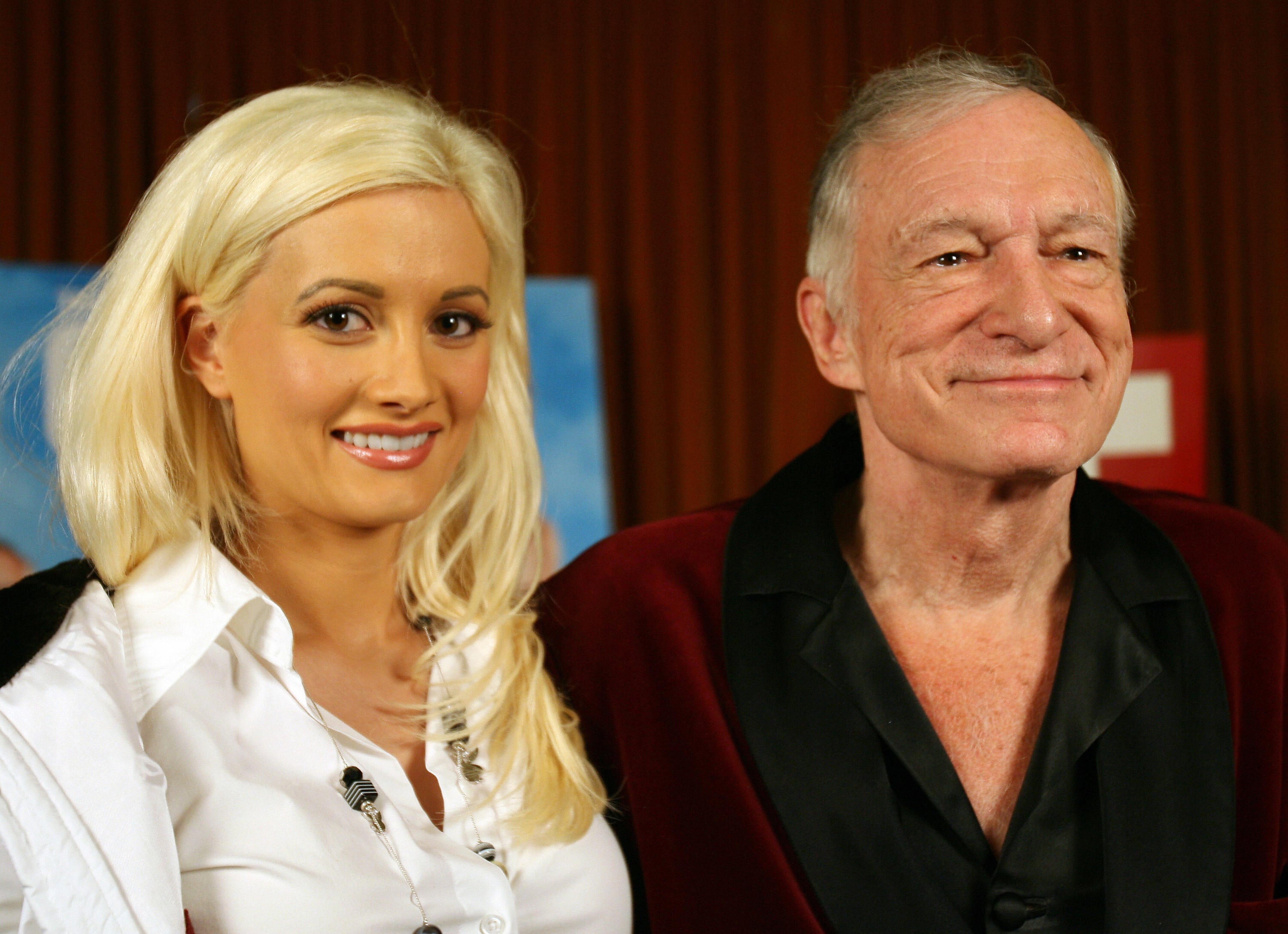Hugh Hefner and Holly Madison during a press conference on 11 January 2007 at the Playboy mansion