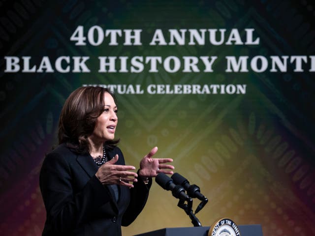 <p>Vice President Kamala Harris speaks at the White House during a Black History Month Virtual Celebration on February 27, 2021 in Washington, DC</p>