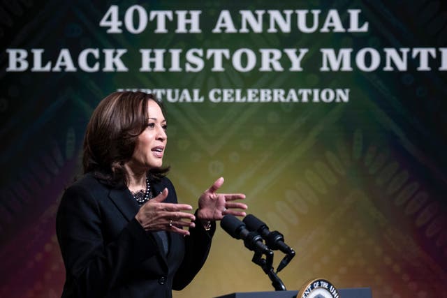 <p>Vice President Kamala Harris speaks at the White House during a Black History Month Virtual Celebration on February 27, 2021 in Washington, DC</p>
