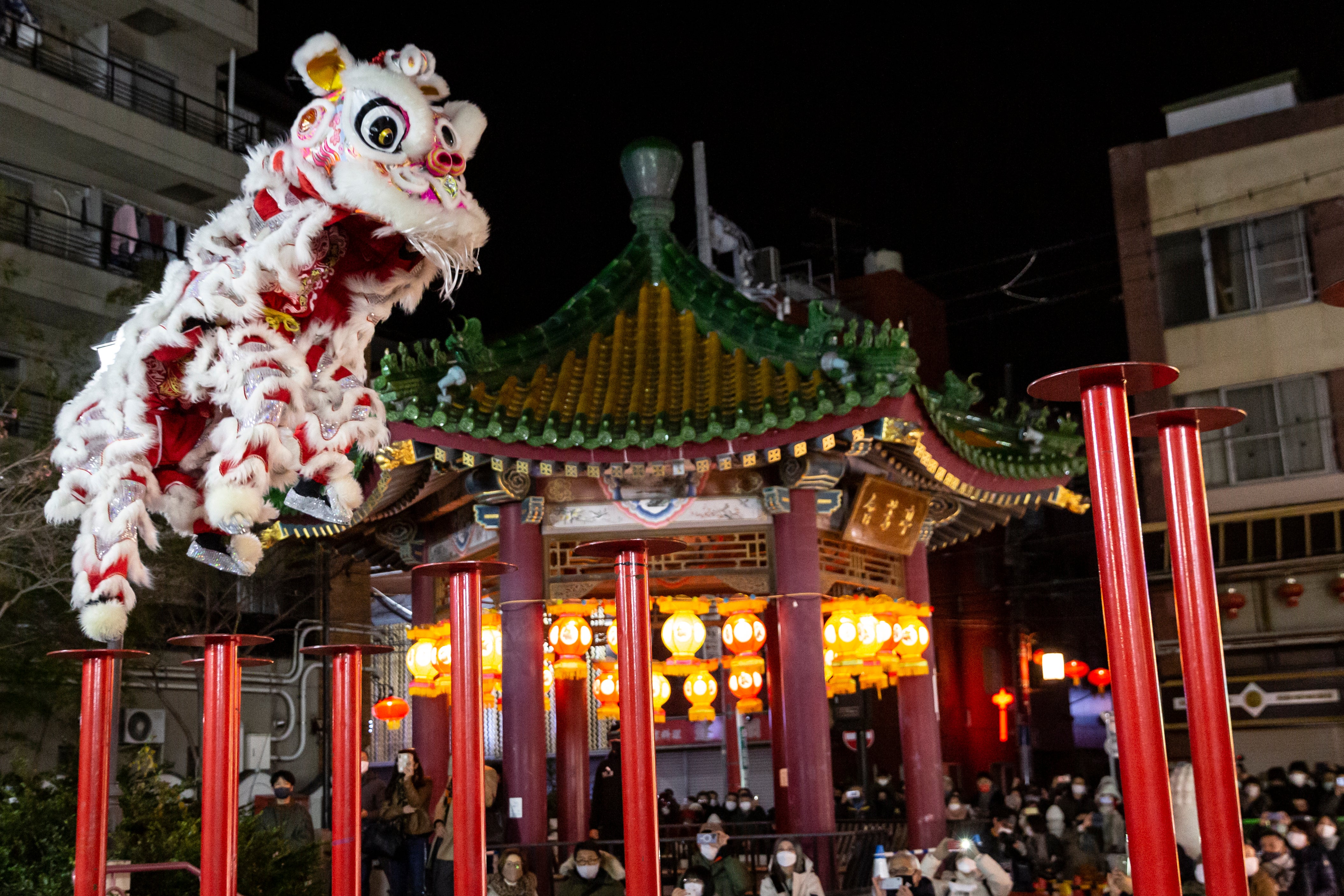 A lion dance performance is seen on Lunar New Year’s Day in Chinatown in Yokohama, Japan, on 1 February 2022