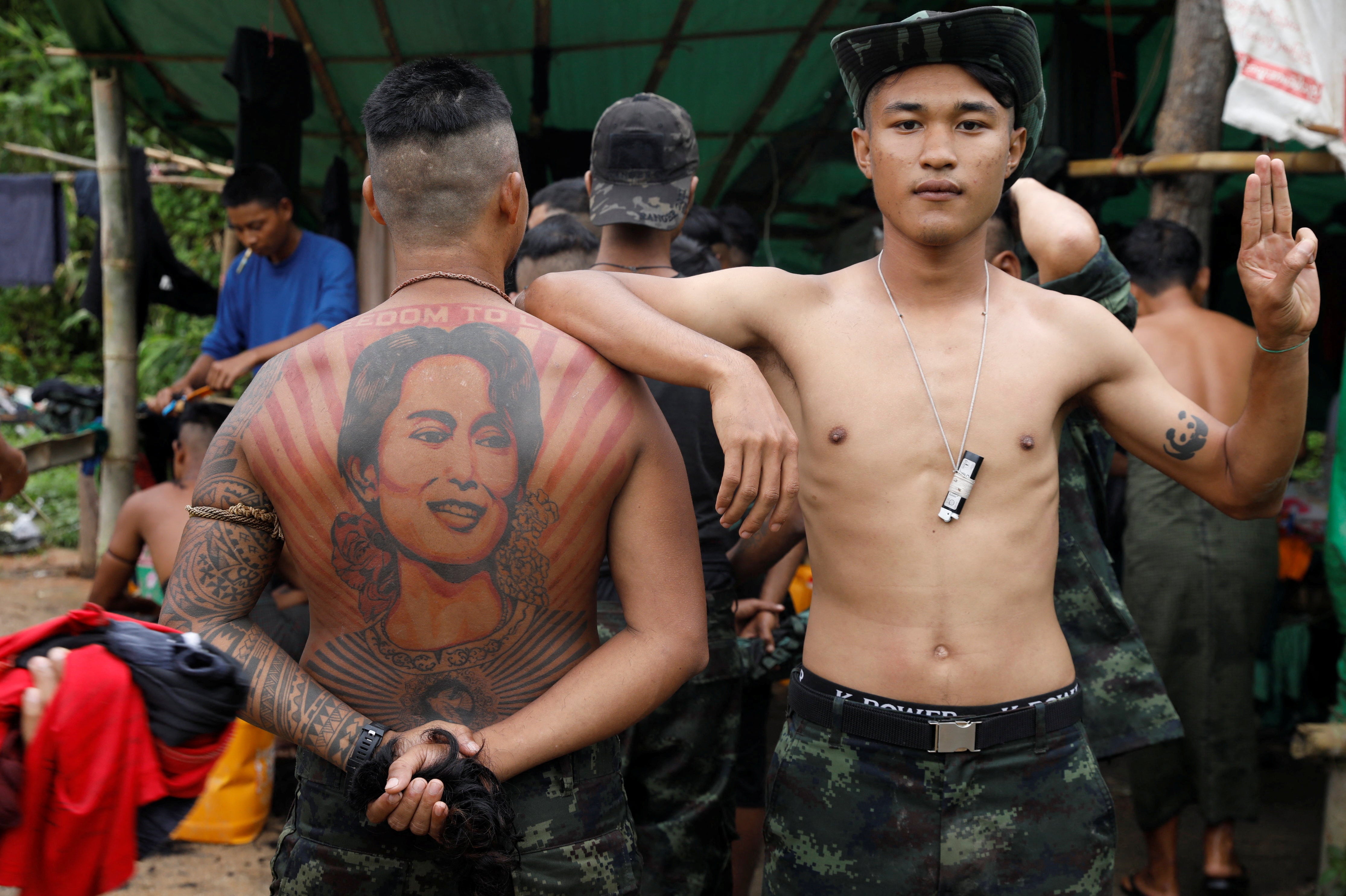 Members of the People’s Defence Force (PDF) at a training camp in an area controlled by ethnic Karen rebels in Myanmar