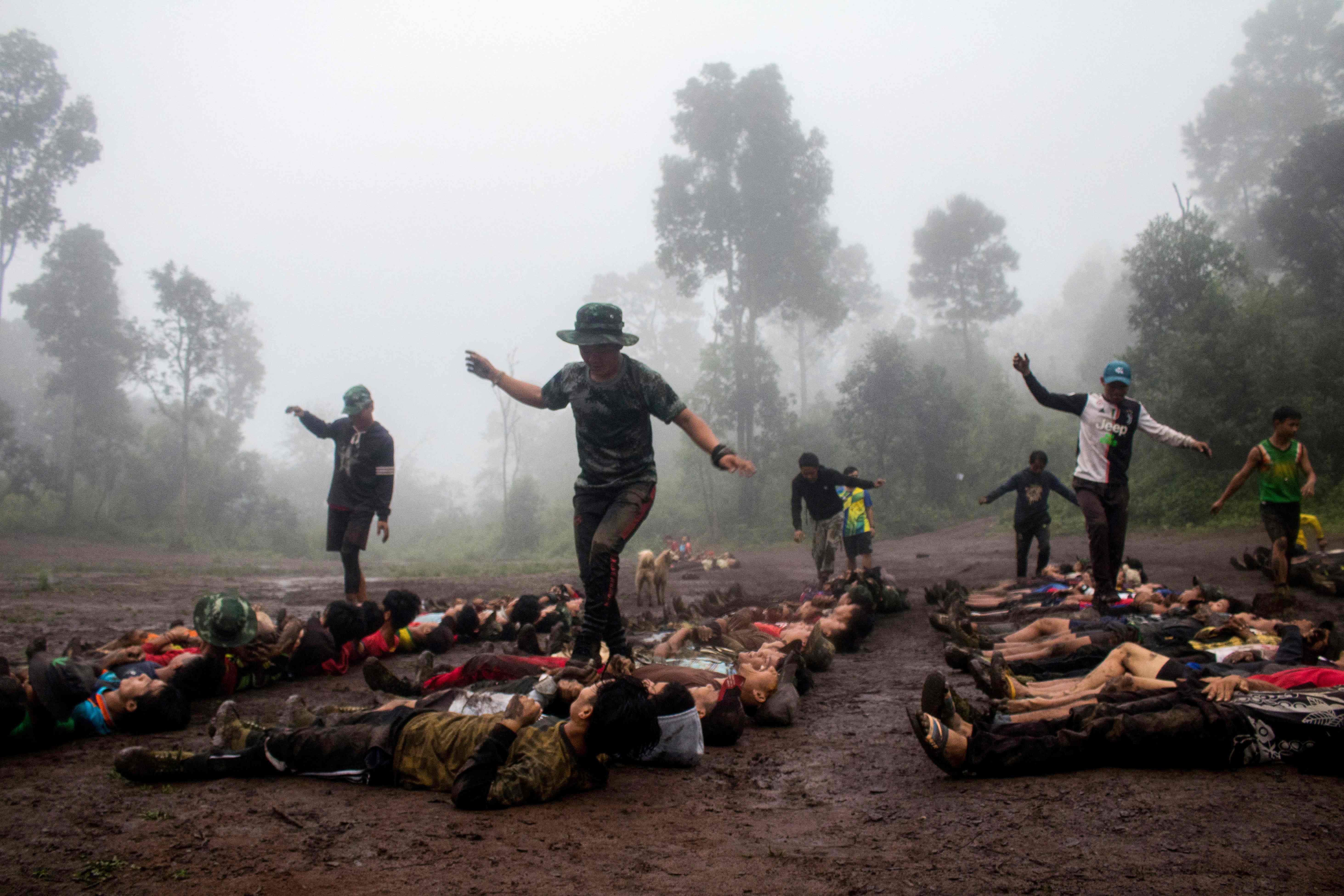 In this file photo taken on 16 October 2021, members of the Karenni Nationalities Defence Force take part in training at their base camp in the forest near Demoso in Kayah