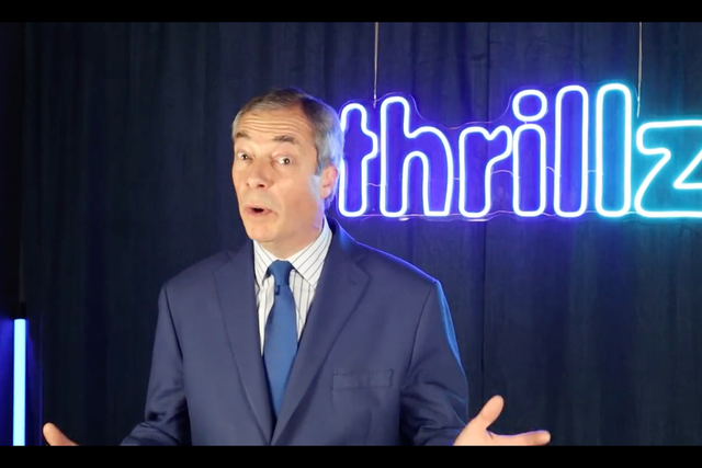 A screenshot of Nigel Farage promoting messages for Valentine’s Day via the personalised celebrity video messaging platform, Thrillz.