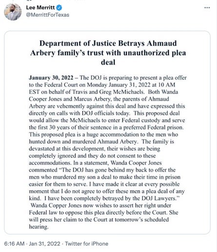 Attorney Lee Merritt shared a statement from the Arbery family calling the plea agreement a ‘betrayal’