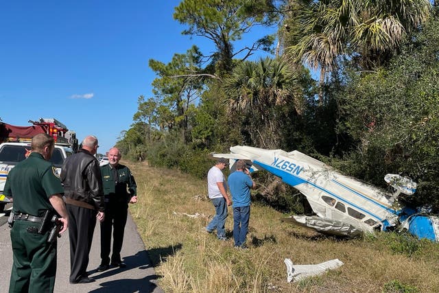 <p>A single-engine plane lies upside-down next to I-95 after it crashed in Flagler County, Florida</p>