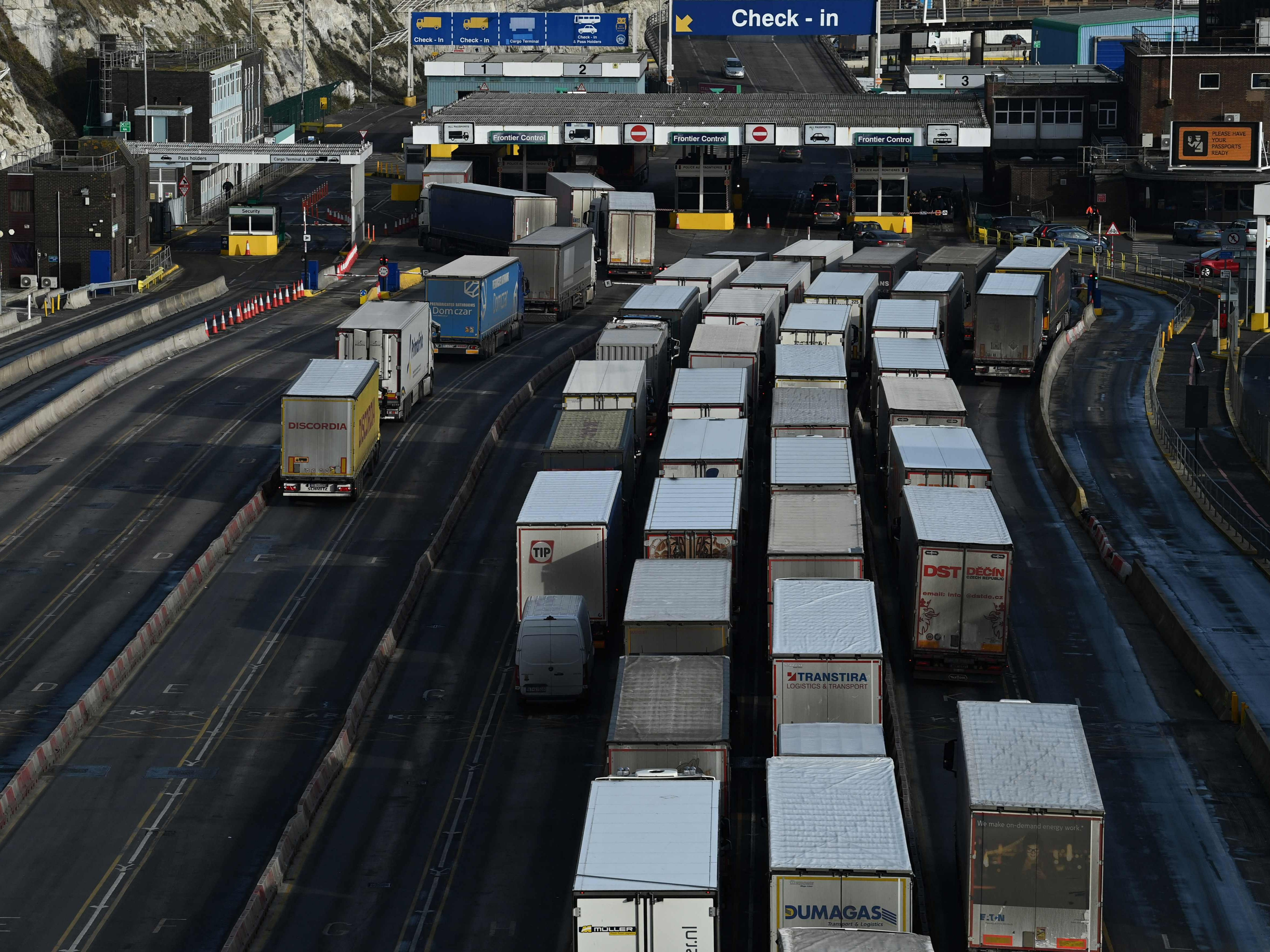 Container lorries queue at the Port of Dover