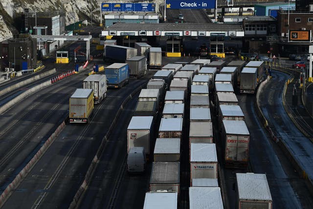 <p>Container lorries queue at the Port of Dover</p>
