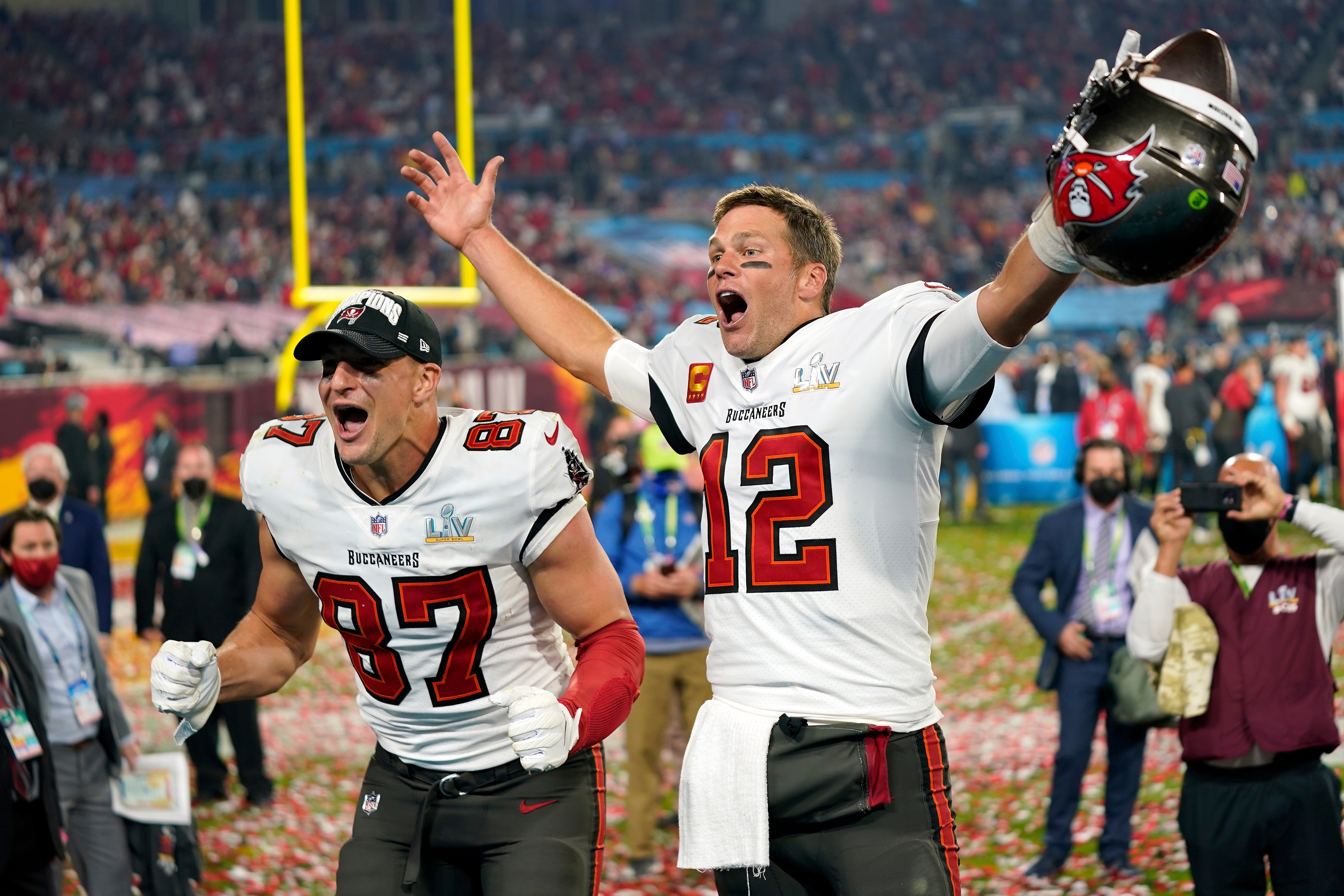 Brady, right, and Rob Gronkowski celebrate last season’s Super Bowl win with the Tampa Bay Buccaneers (Steve Luciano/AP)