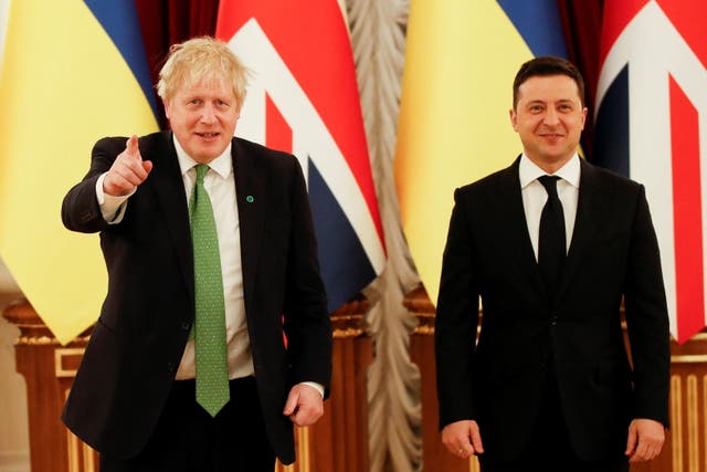 <p>Boris Johnson meets Ukrainian president Volodymyr Zelensky in Kiev on 1 February, 2022. </p>