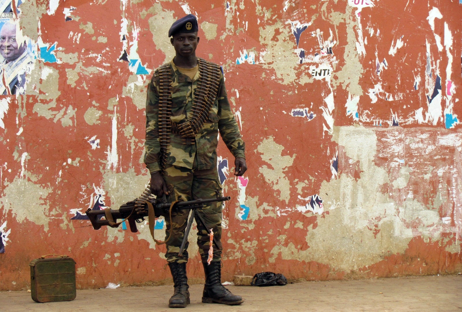 A soldier stands guard in a street near the Guinea-Bissau National Assembly in Bissau