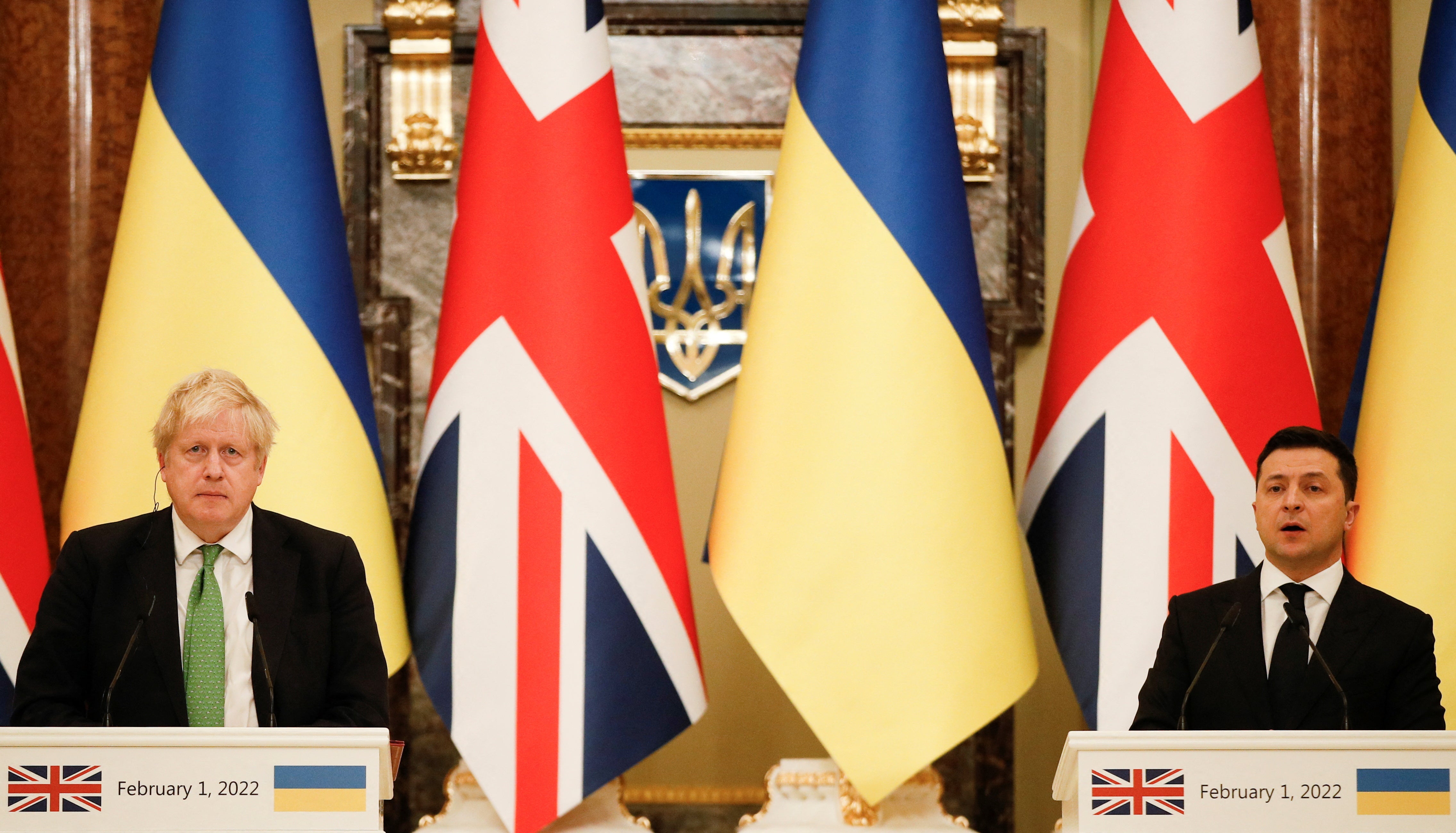 Prime Minister Boris Johnson in Kyiv, Ukraine attends a joint news conference after he held crisis talks with Ukrainian president Volodymyr Zelensky amid rising tensions with Russia (Peter Nicholls/PA)