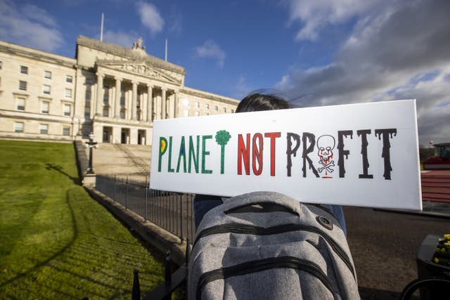 Climate change activists outside Stormont during a debate on NI Minister for Agriculture Edwin Poots’ Climate Change Bill.