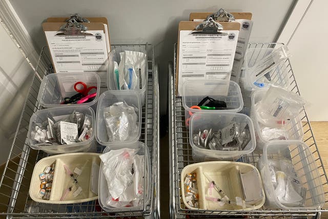 <p>Medication to treat overdoses are arranged on a cart inside a a supervised drug-injection site in Harlem, New York. </p>