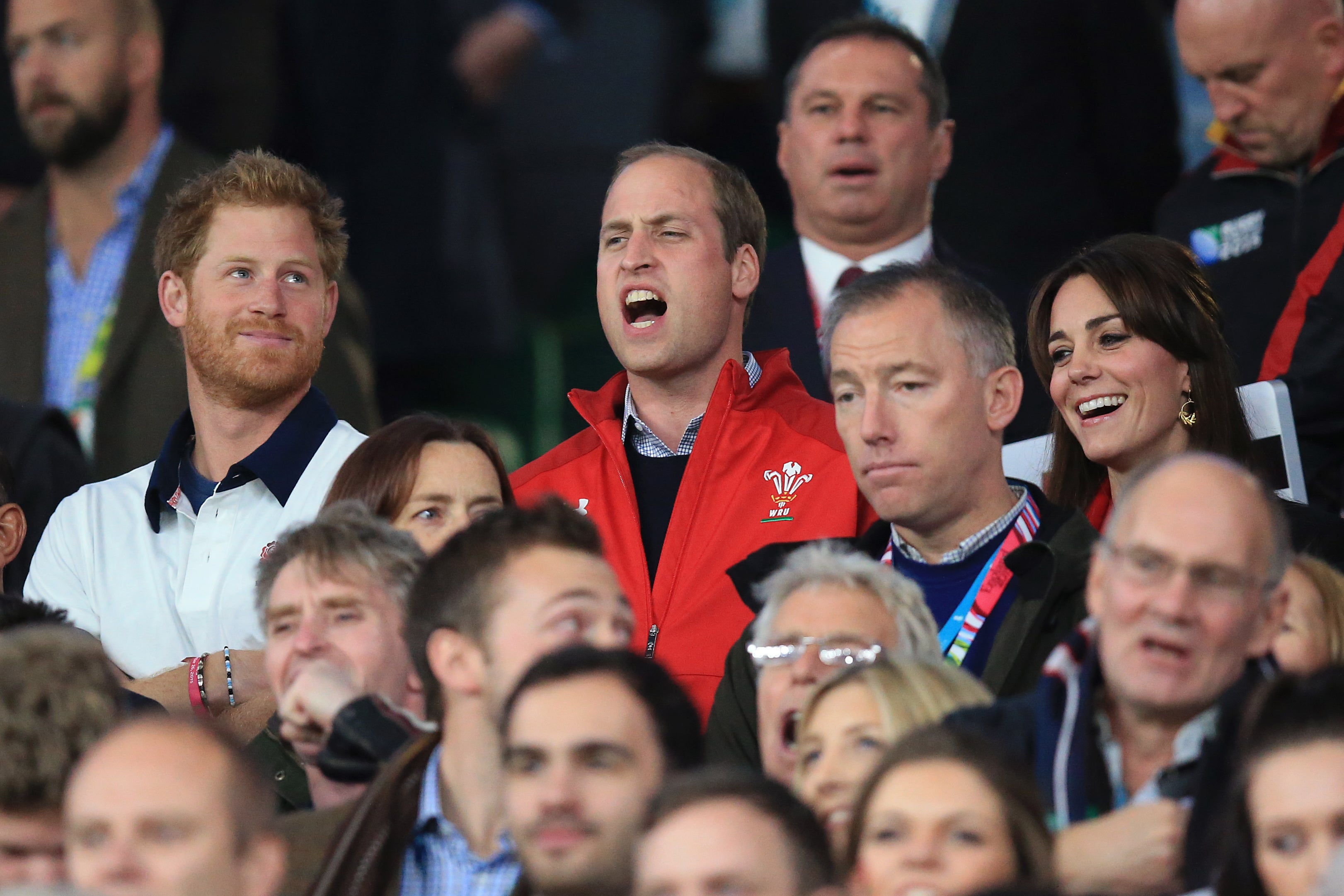 Harry, William and Kate during the England v Wales Rugby World Cup match at Twickenham Stadium in 2015 (Mike Egerton/PA)
