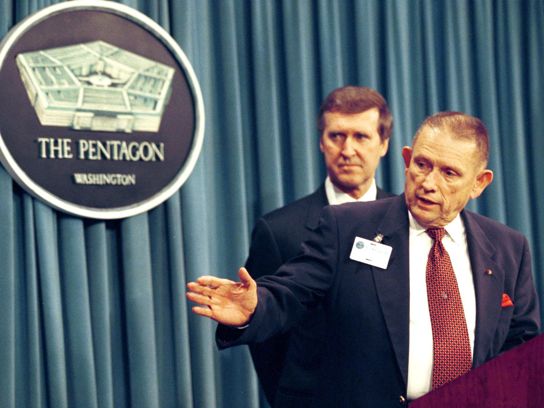 Singlaub, as commander of Operation Tailwind, speaks to reporters circa 1970s