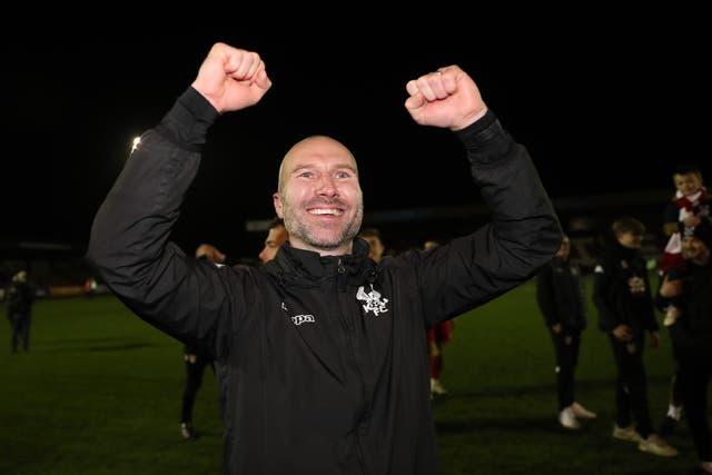 Russ Penn celebrates after Kidderminster reach the fourth round of the FA Cup (Bradley Collyer/PA)