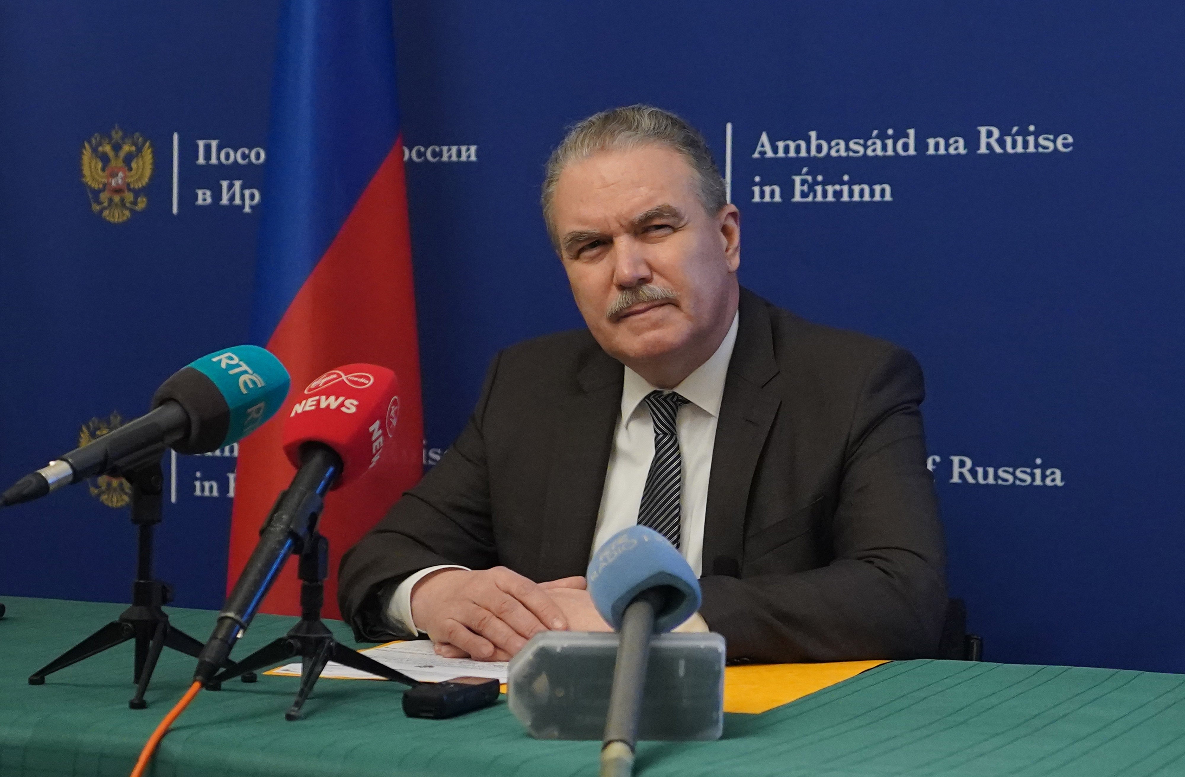 Russian ambassador to Ireland Yury Filatov speaking at a press conference at the Russian Embassy in Dublin in January (PA)