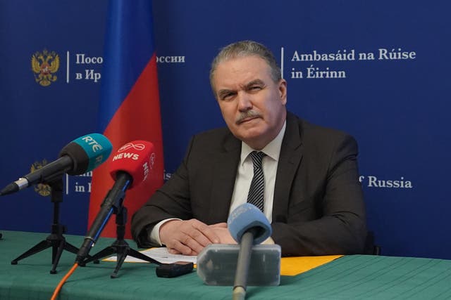 Russian ambassador to Ireland Yury Filatov speaking at a press conference at the Russian Embassy in Dublin in January (PA)