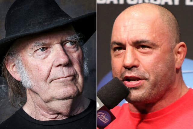 <p>This combination photo shows Neil Young in Calabasas, Calif., on May 18, 2016, left, and UFC announcer and podcaster Joe Rogan before a UFC on FOX 5 event in Seattle, Dec. 7, 2012.</p>