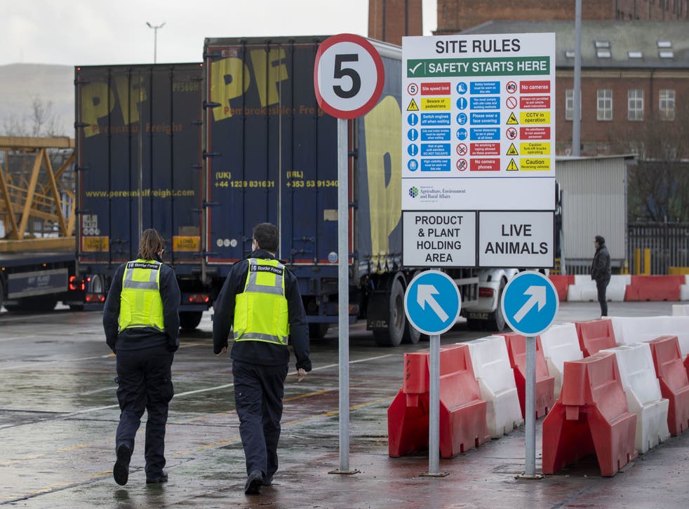 UK Border Force officers at the NI Department of Agriculture, Environment and Rural Affairs (DAERA) Northern Ireland Point of Entry (POE) site on Milewater Road in Belfast at the Port of Belfast (Liam McBurney/PA)