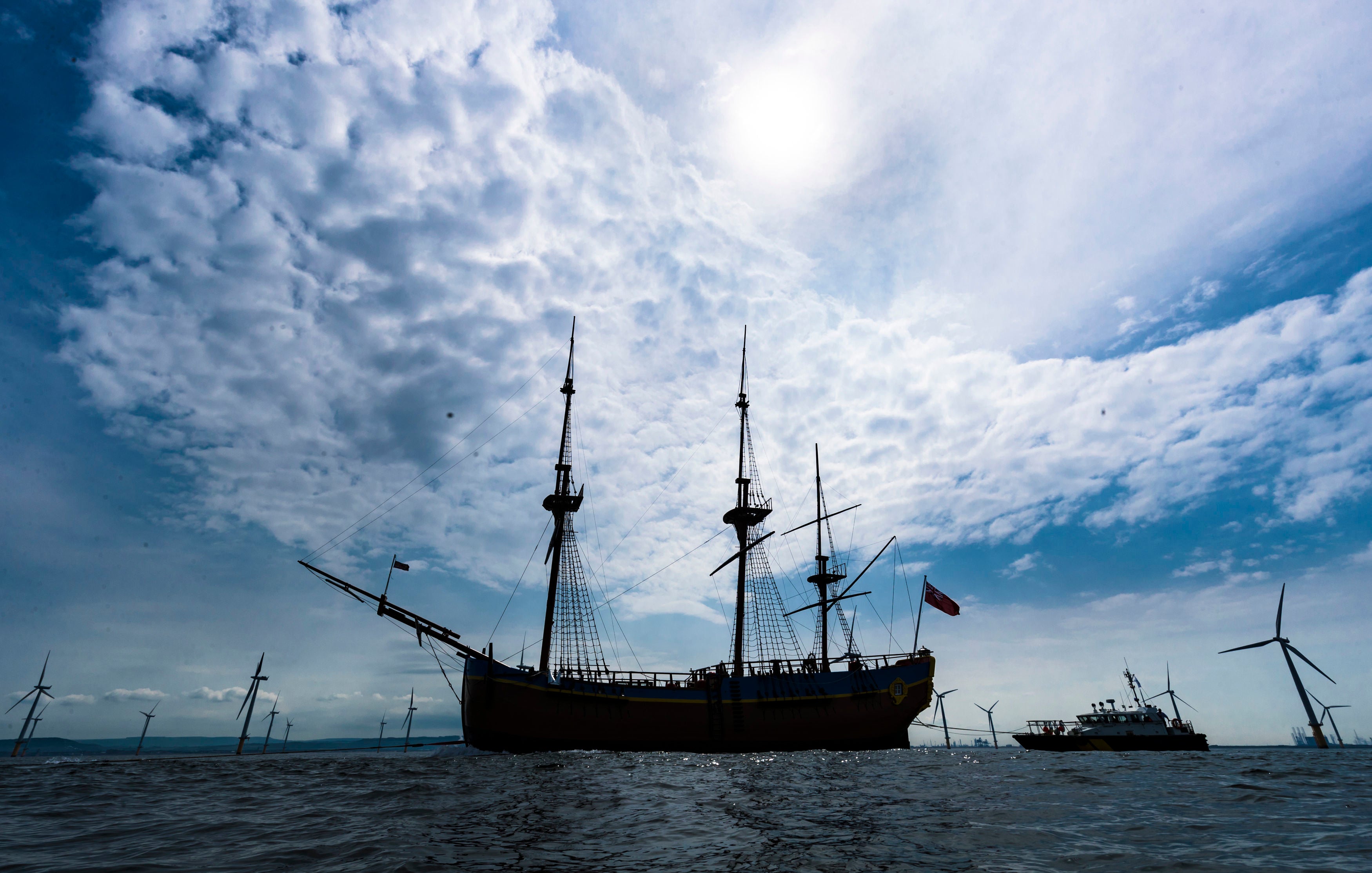 <p>HM Bark Endeavour, a full-scale replica of Captain Cook’s ship, is pulled by a tugboat from Middlesbrough to its permanent home in Whitby </p>