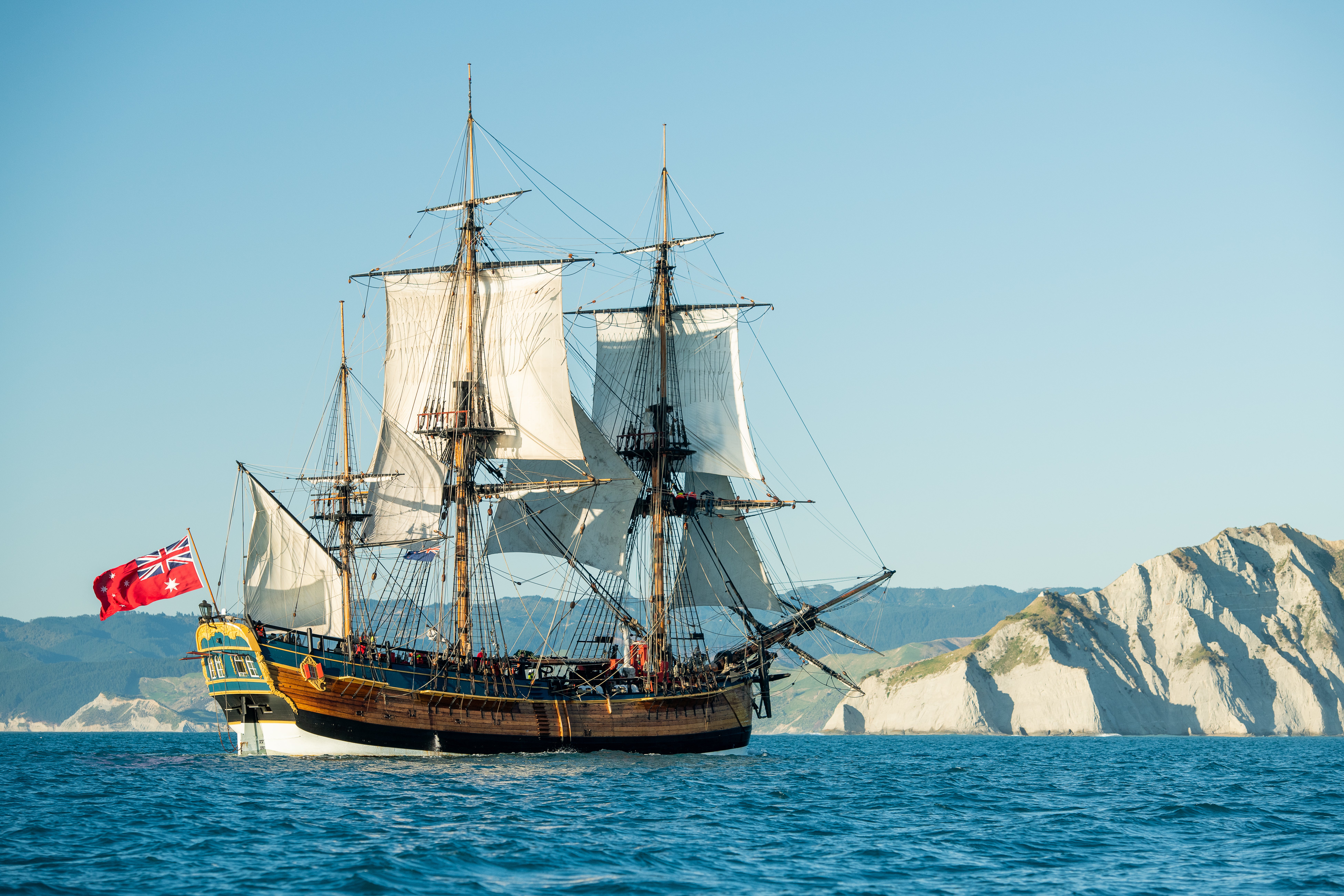 A replica of the ‘HMS Endeavour’ sails into Turanganui-a-Kiwa on 8 October 2019 in Gisborne, New Zealand