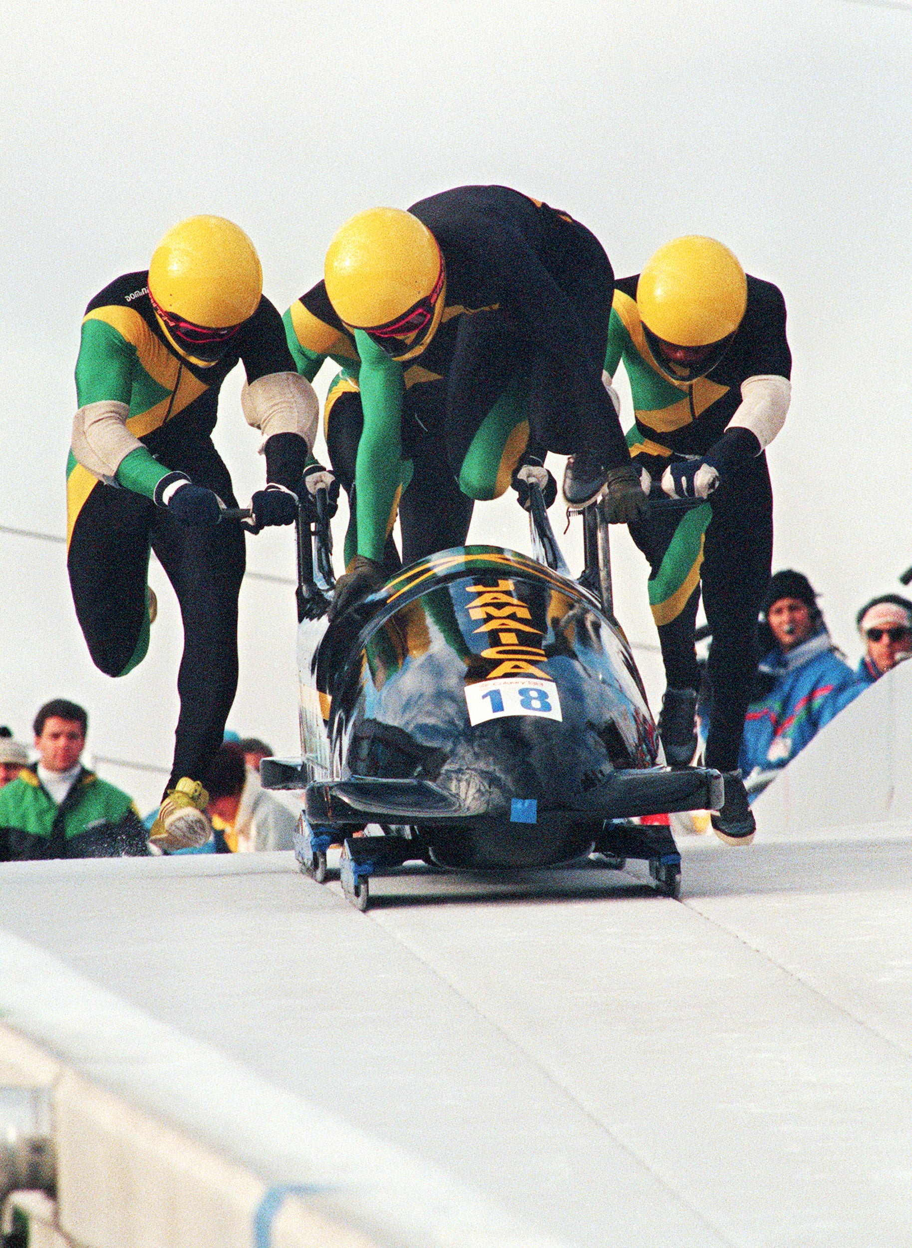Dudley Stokes jumps in as his three teammates push off at the start in 1988