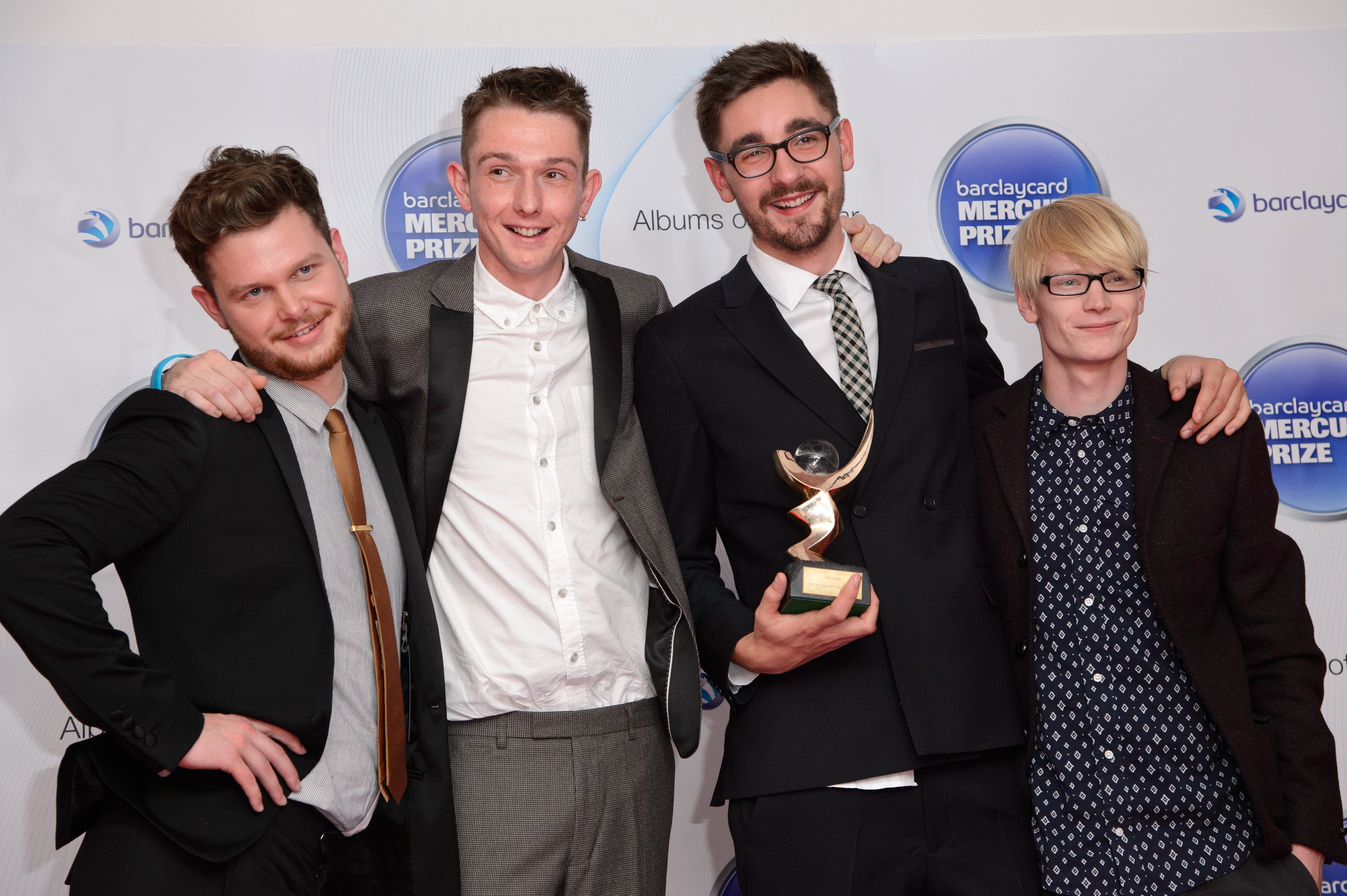 Joe Newman, Gwil Sainsbury, Thom Green and Gus Unger-Hamilton of Alt-J after winning the 2012 Mercury Prize