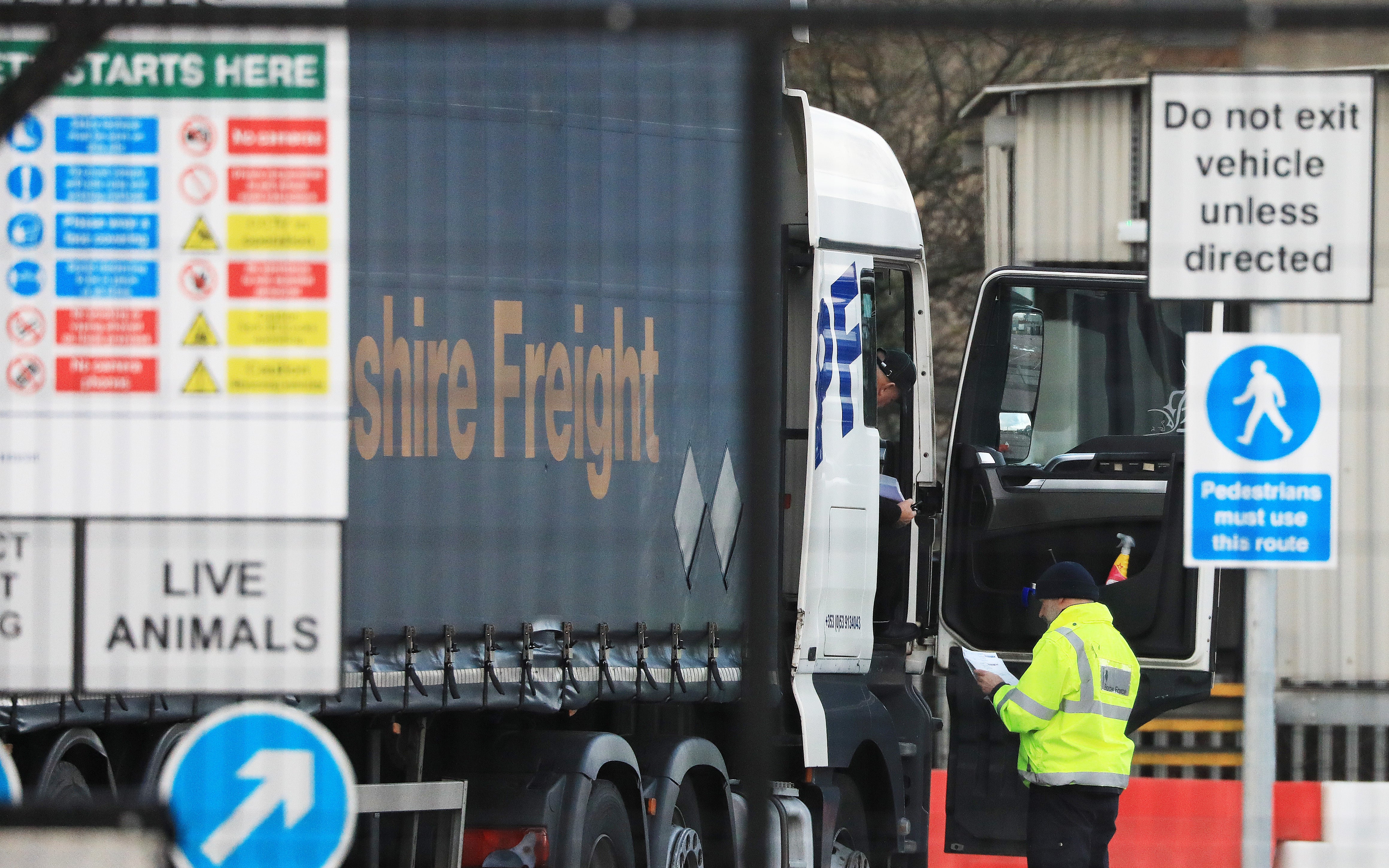 A heavy goods vehicle is checked at the Department of Agriculture, Environment and Rural Affairs checking site at Belfast Docks on Thursday (Peter Morrison/PA).
