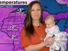 Meteorologist applauded for holding her baby mid-broadcast