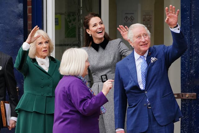 Camilla, Kate and Charles on a joint engagement in east London (Dominic Lipinski/PA)