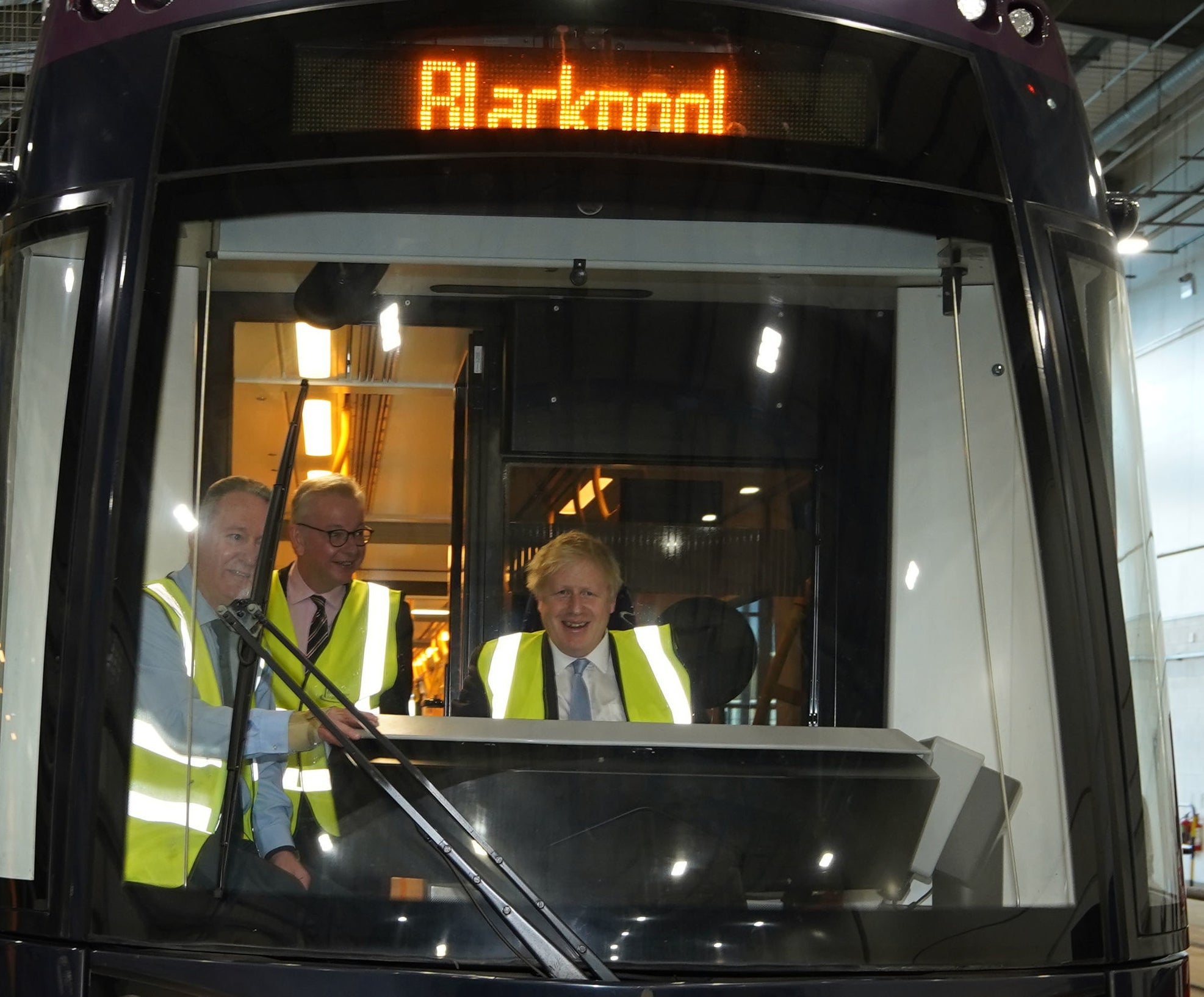 Boris Johnson and Michael Gove in the driver’s cab of a tram during a visit to Blackpool Transport Depot on Thursday