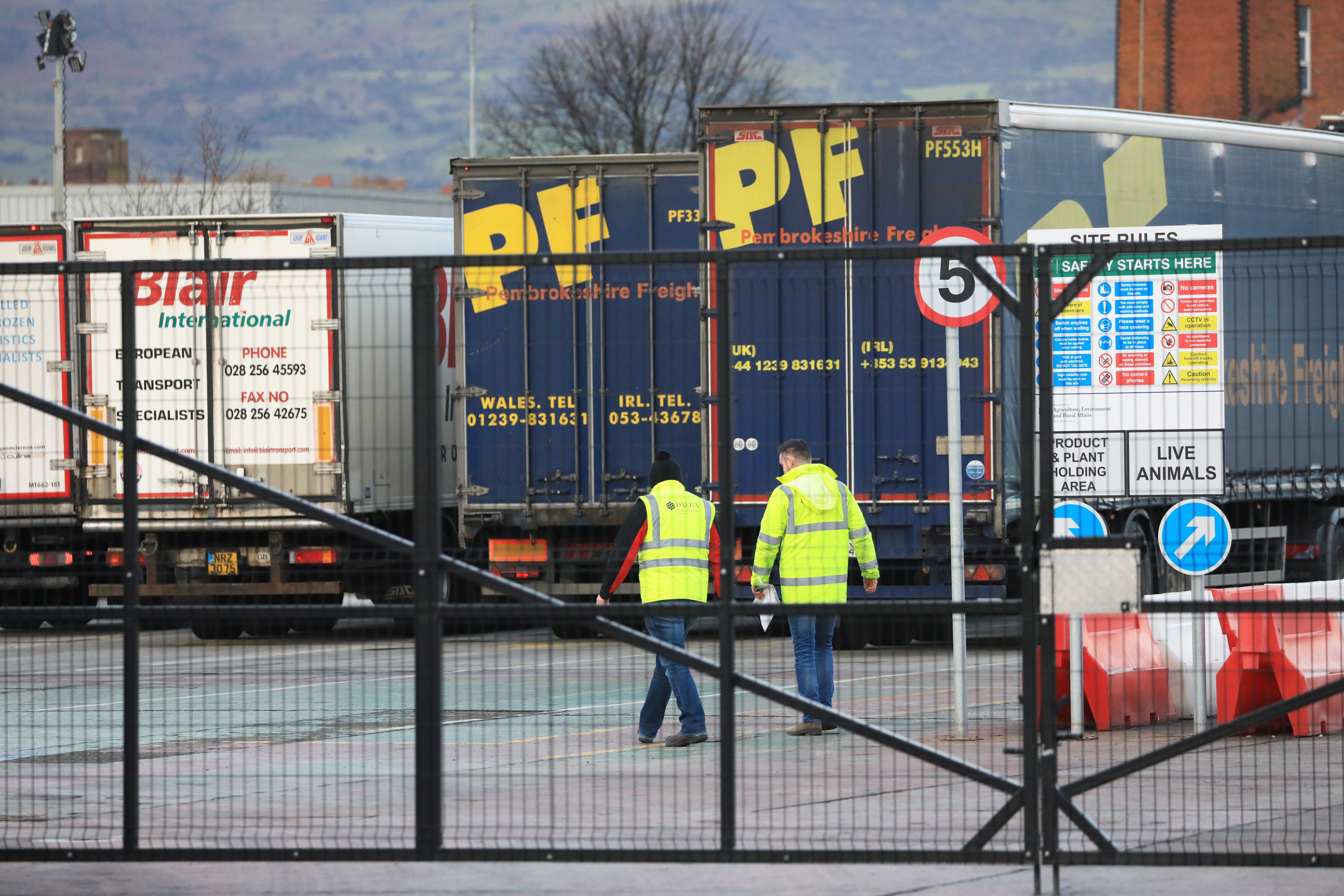 Heavy goods vehicles waiting to be checked at Belfast Docks (Peter Morrison/PA)