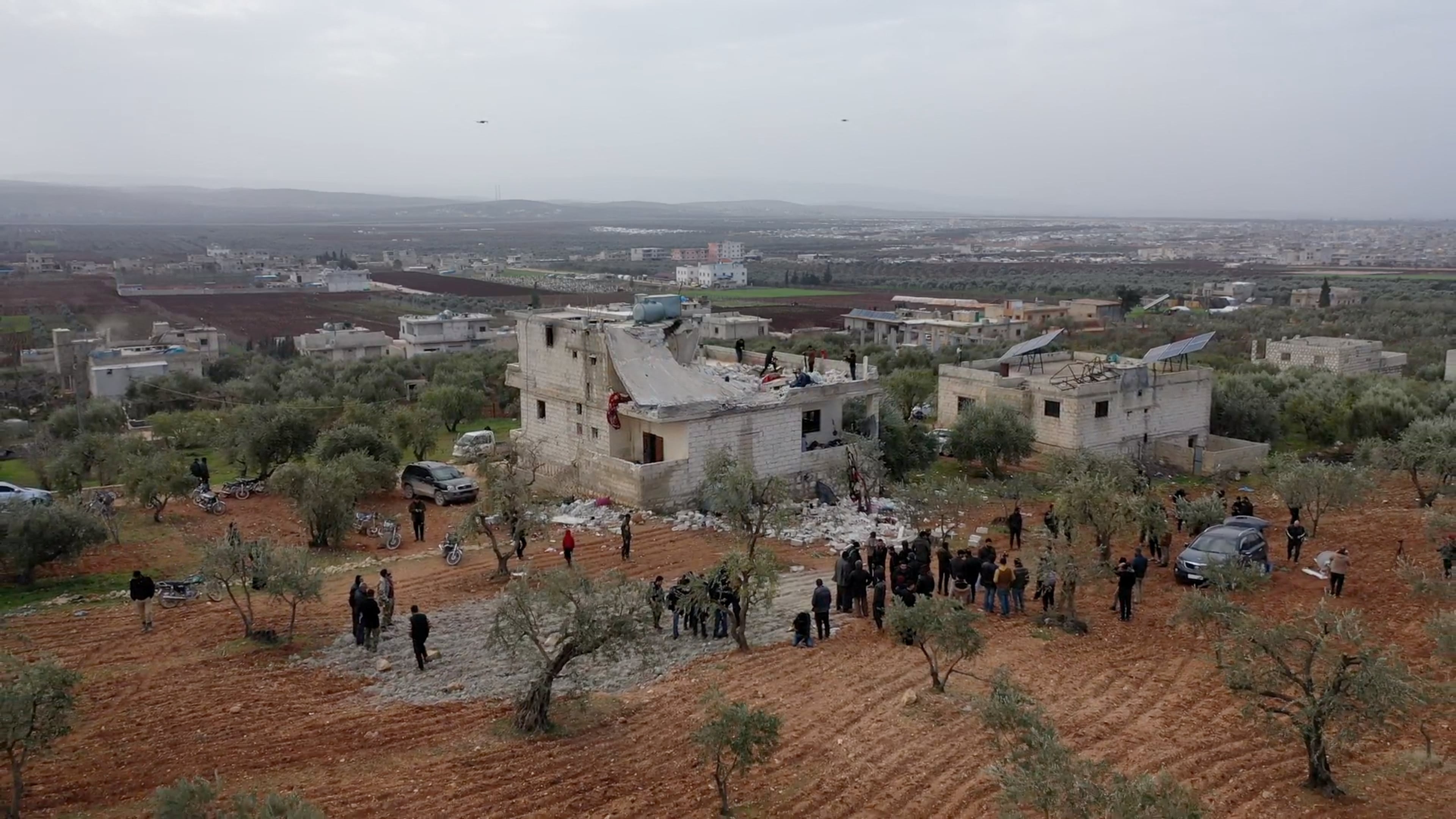 A building destroyed in the aftermath of a counter-terrorism mission conducted by the U.S. Special Operations Forces is seen in Atmeh, Syria, February 3, 2022