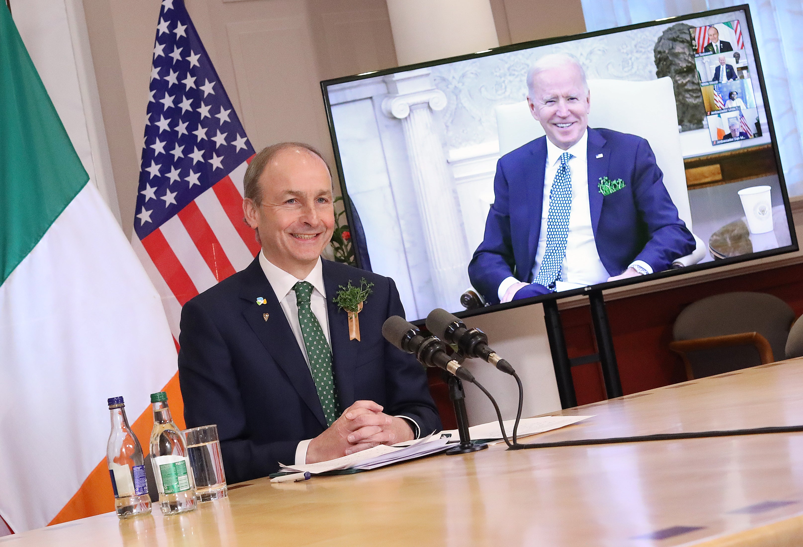 Taoiseach Micheal Martin speaking with United States President Joe Biden via video link in the Government Buildings, Dublin (Julien Behal Photography/PA)