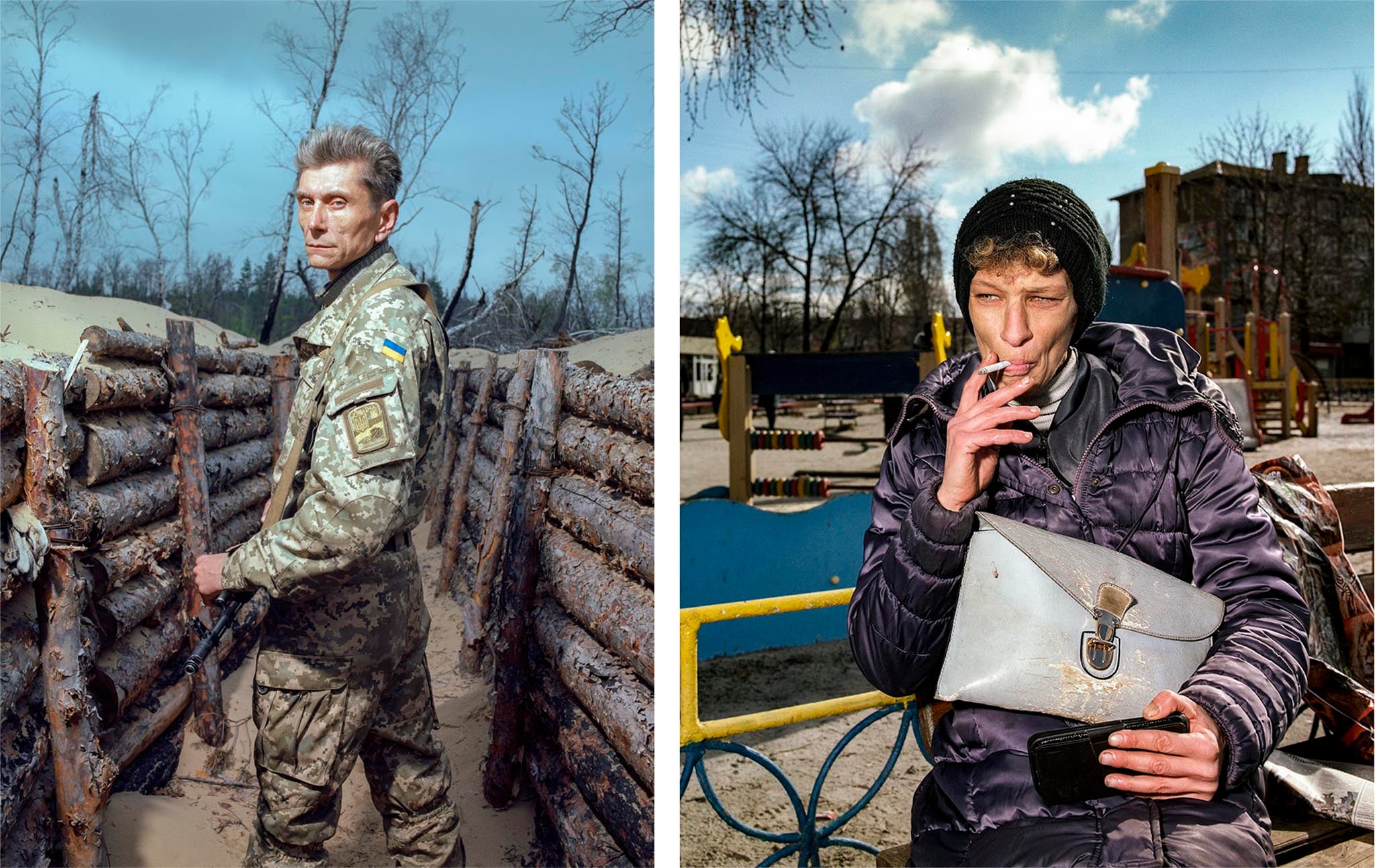 ‘Stalingrad’ checkpoint, Avdiivka, Donetsk, 2016 / Woman smoking on a bench in Myrnohrad, Donetsk, Eastern Ukraine 2 March 2021