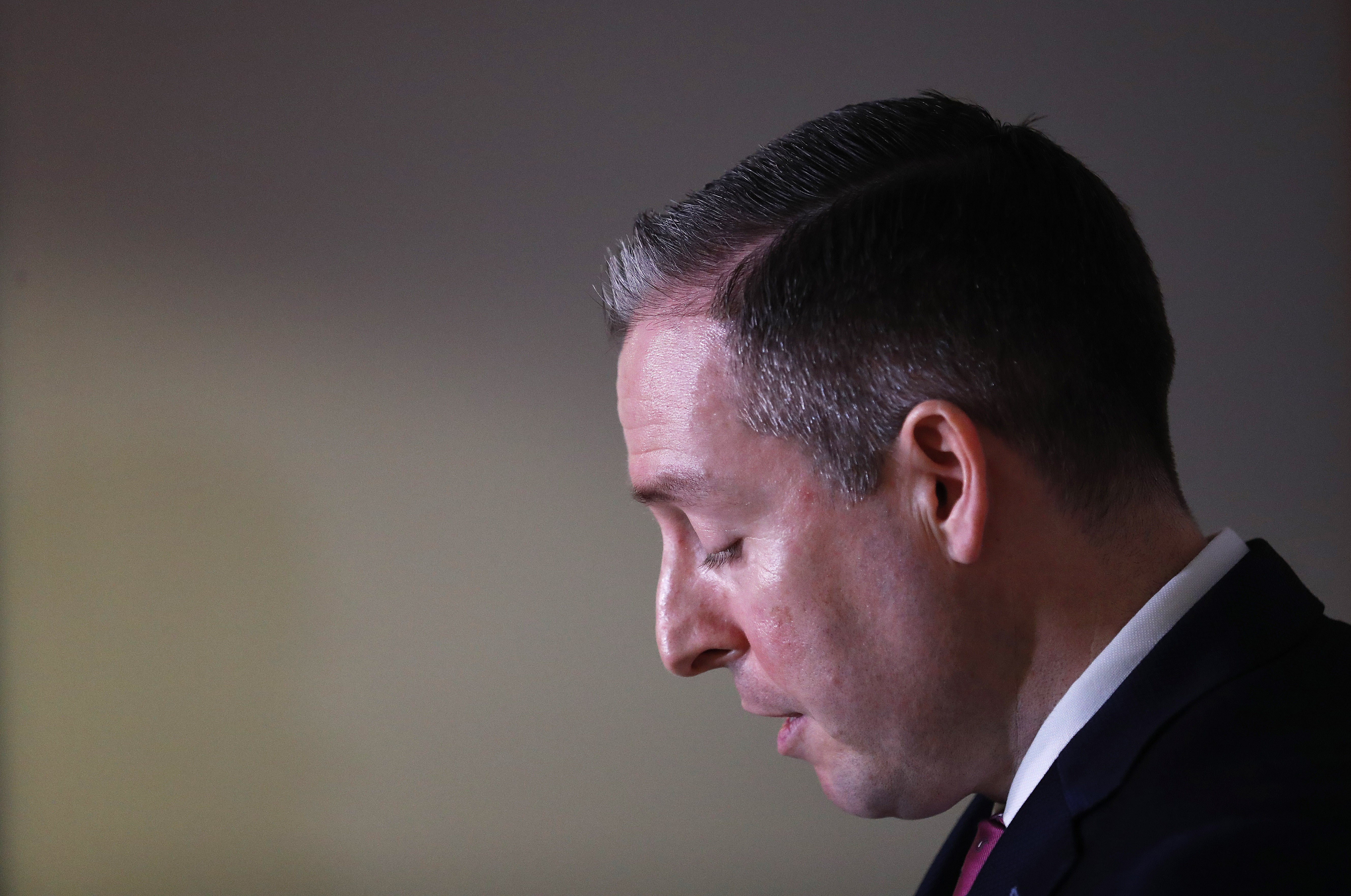 First Minister of Northern Ireland Paul Givan speaking to the media at the Crowne Plaza Hotel, Belfast, following his announcement that he will resign his post in a Brexit protocol protest. Picture date: Thursday February 3, 2022.