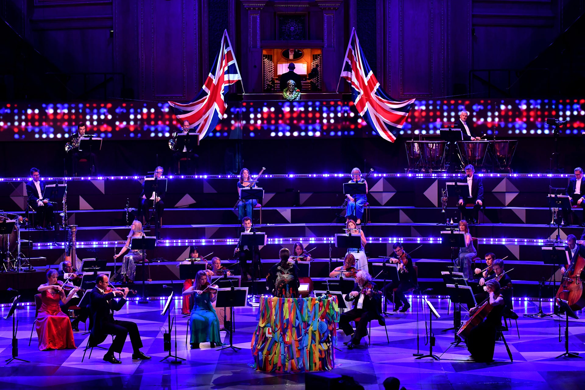 Last Night of the Proms conductor Dalia Stasevska with a reduced orchestra which performed live at the Royal Albert Hall but without an audience due to coronavirus restrictions (Chris Christodoulou/BBC)