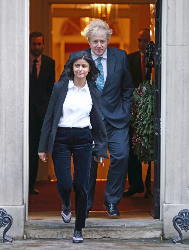 <p>Boris Johnson pictured in December 2020 with Munira Mirza, director of the No 10 Policy Unit, who resigned on Thursday </p>