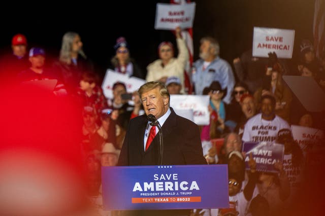 <p>Former President Donald Trump speaks during the 'Save America' rally at the Montgomery County Fairgrounds on January 29, 2022 in Conroe, Texas</p>