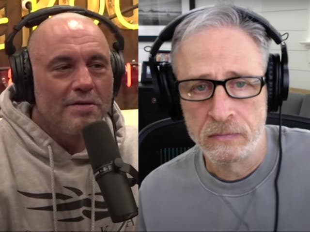 Jon Stewart (derecha) ha defendido a Joe Rogan (izquierda)