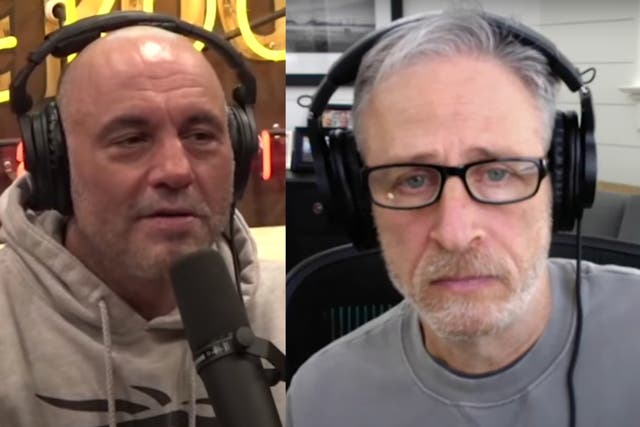 <p>Jon Stewart (right) has defended Joe Rogan (left)</p>