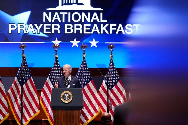 <p>President Joe Biden speaks at the National Prayer Breakfast, Thursday, Feb. 3, 2022, on Capitol Hill in Washington. (AP Photo/Patrick Semansky)</p>
