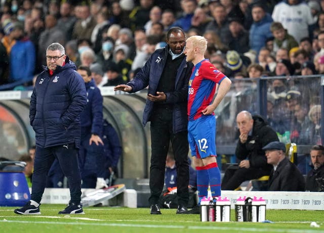 Will Hughes speaks to Crystal Palace manager Patrick Vieira (Nick Potts/PA)