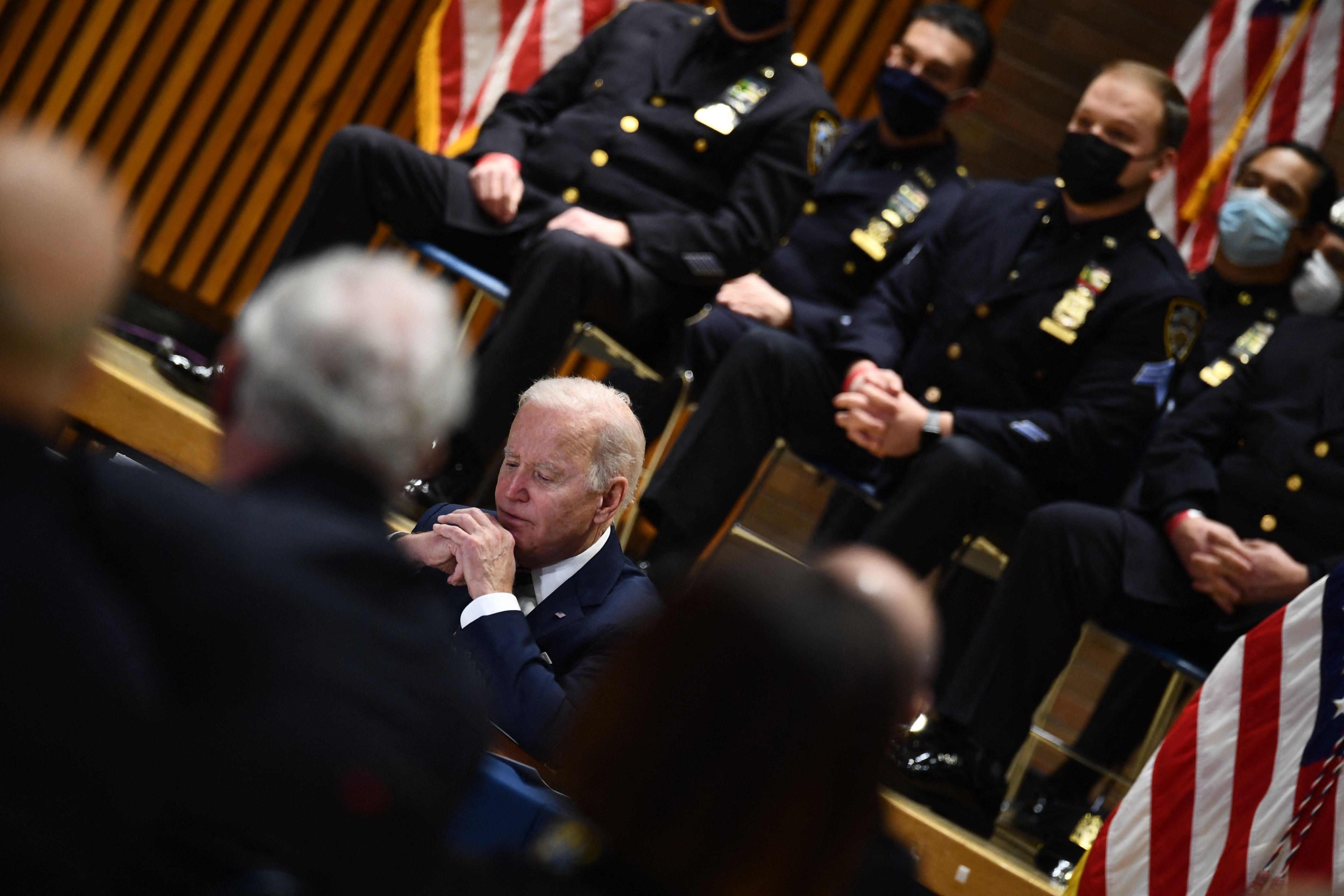 US President Joe Biden participates in a Gun Violence Strategies Partnership meeting at the NYPD Headquarters in New York on February 3, 2022