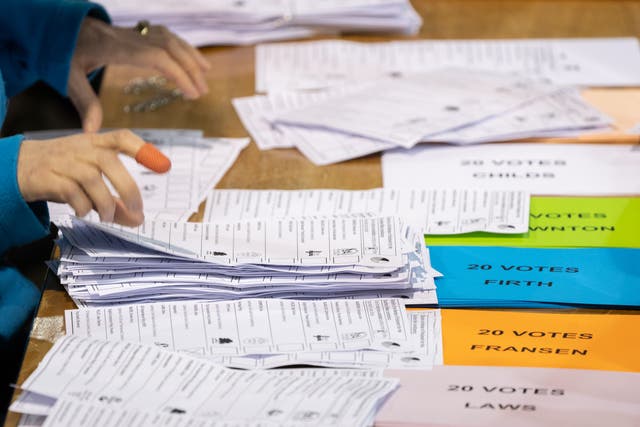 Ballot papers are counted at Southend Leisure & Tennis Centre for the Southend West by-election (Joe Giddens/PA)