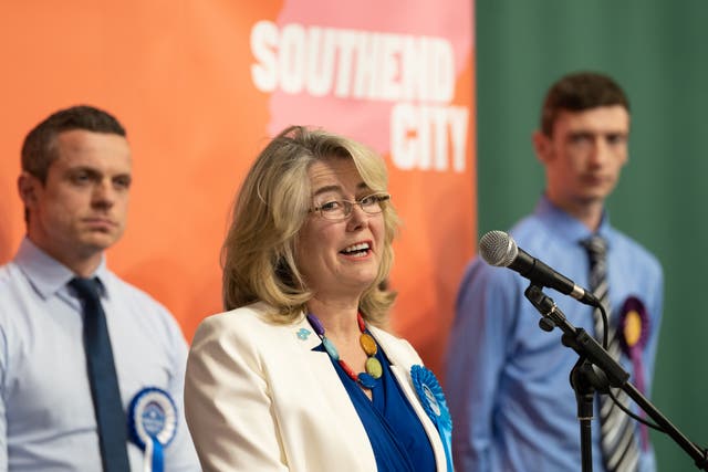 Newly elected Conservative MP Anna Firth makes a speech at Southend Leisure & Tennis Centre after being declared the winner in the Southend West by-election (Joe Giddens/PA)