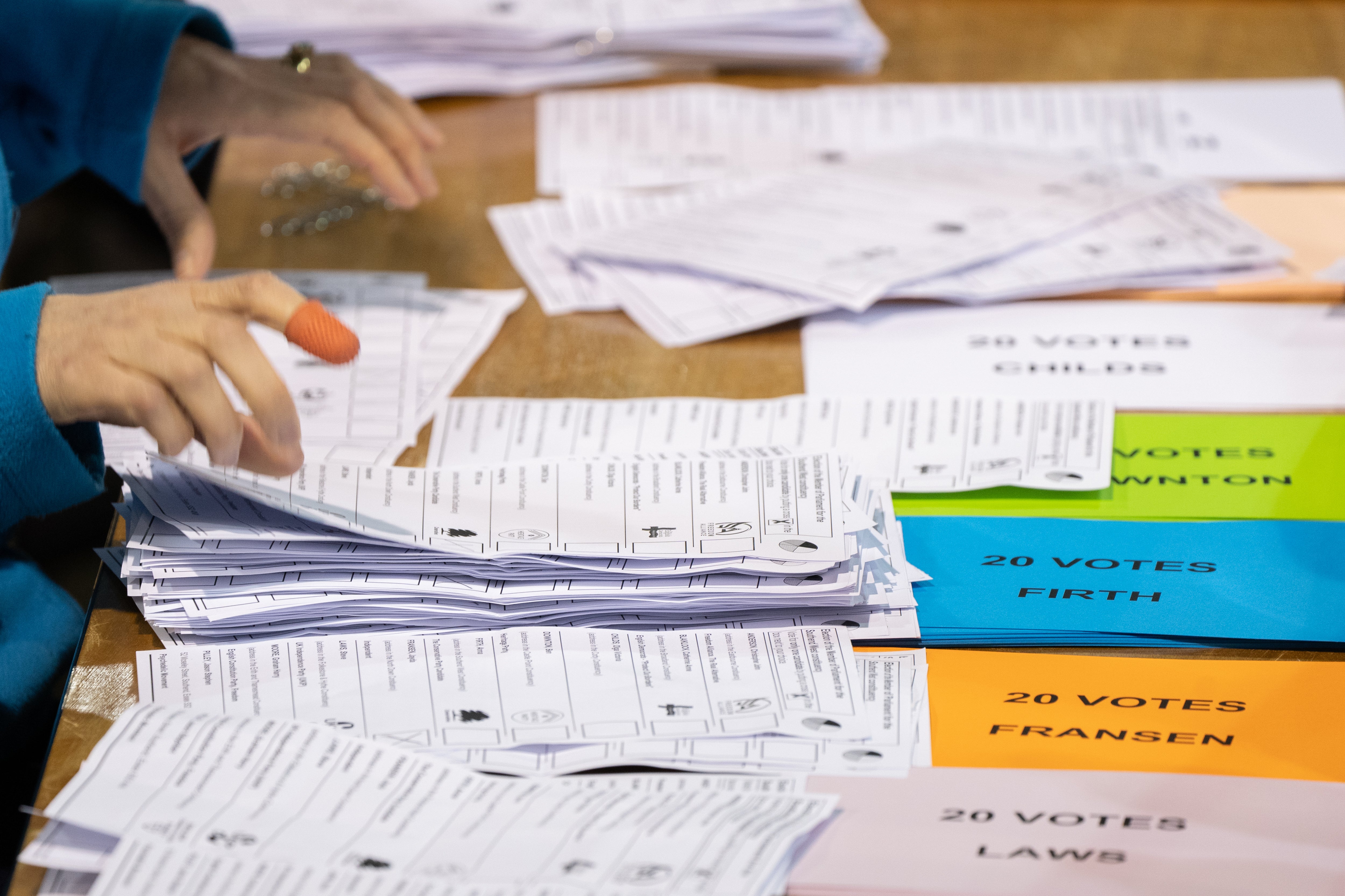 Ballot papers shown being counted during the Southend West by-election (Joe Giddens/PA)