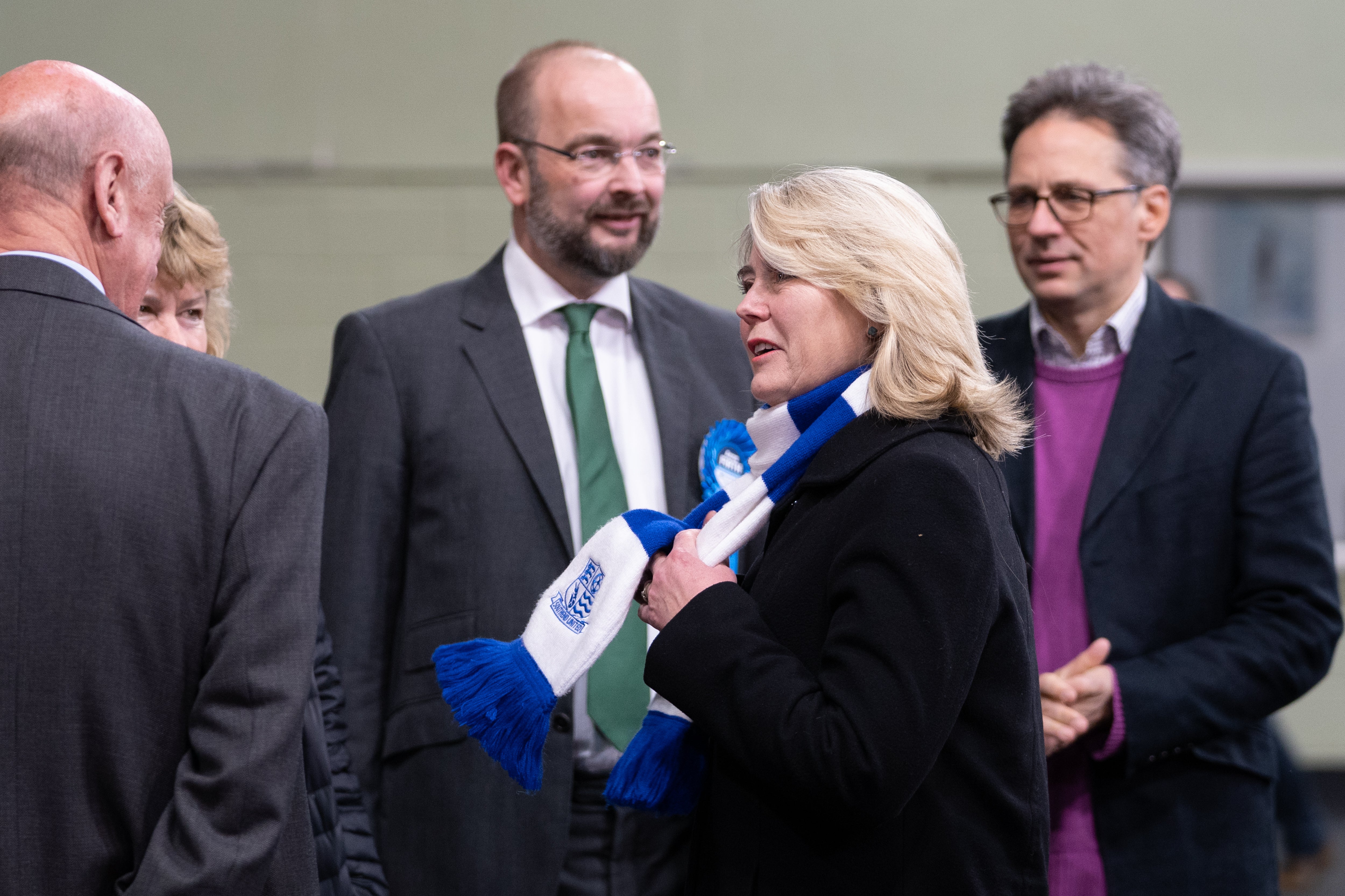 Conservative Anna Firth wearing a Southend United scarf before being declared the winner (Joe Giddens/PA)