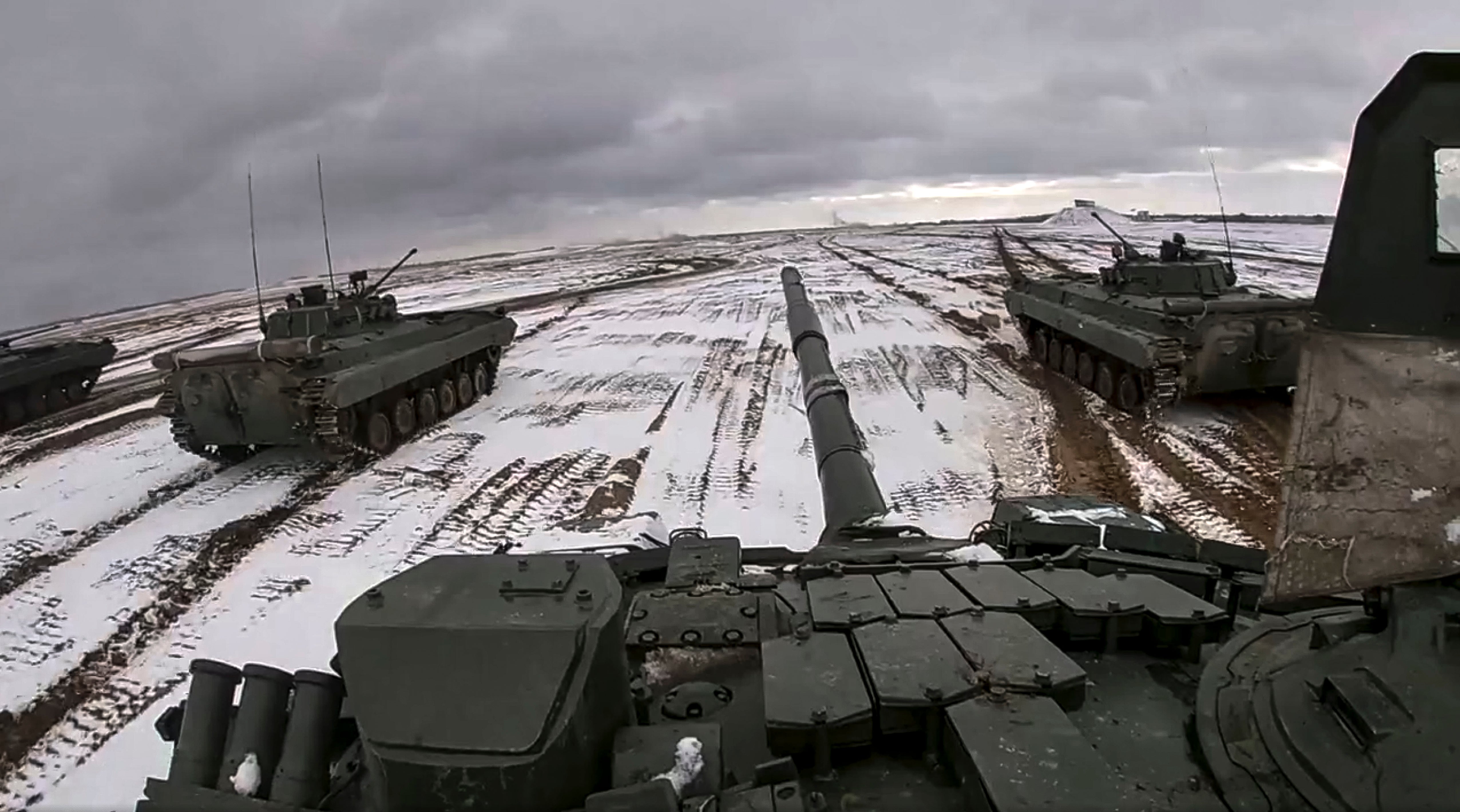Russian and Belarusian tanks drive during joint military drills at Brestsky firing range, Belarus